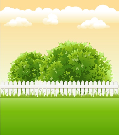 summer garden with tree and light railingのイラスト素材