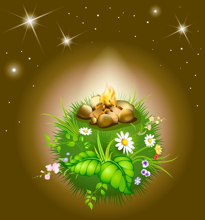 cartoon blossoming night globe with star and campfireのイラスト素材