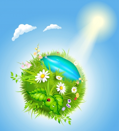 cartoon blossoming globe with a green grass and blue lakeのイラスト素材