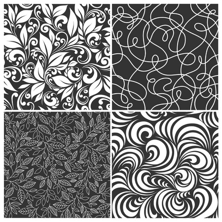 set of seamless patterns - grass, leaves, swirls on a dark backgroundのイラスト素材