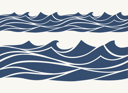 Seamless patterns with stylized blue waves vintage styleのイラスト素材