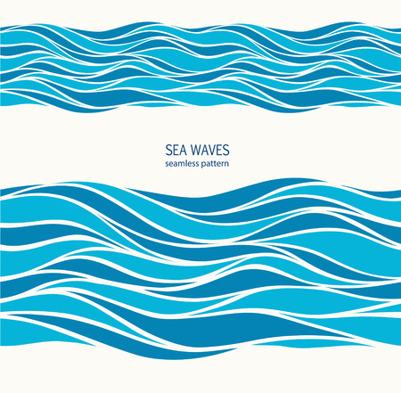 Marine seamless pattern with stylized blue waves on a light backのイラスト素材