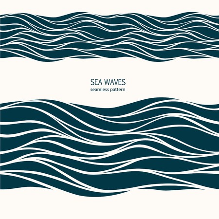 Marine seamless pattern with stylized blue waves on a light backのイラスト素材