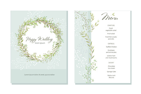 Set of card with beautiful twigs with leaves. Wedding ornament concept. Imitation of watercolor, isolated on white. Sketched wreath, floral and herbs garlandのイラスト素材
