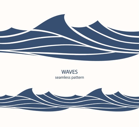 Marine seamless pattern with stylized blue waves on a light background. Water Wave abstract design.のイラスト素材