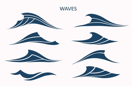 Marine pattern with stylized blue waves on a light background. Water Wave Logo abstract design....