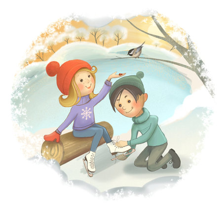 Boy and girl near the forest skating rinkの写真素材