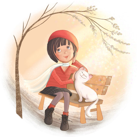 French woman with a cat sitting on a bench in the park.の写真素材