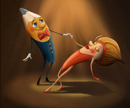 Dancing artist tools, bright comic, cartoon in childrens styleの写真素材