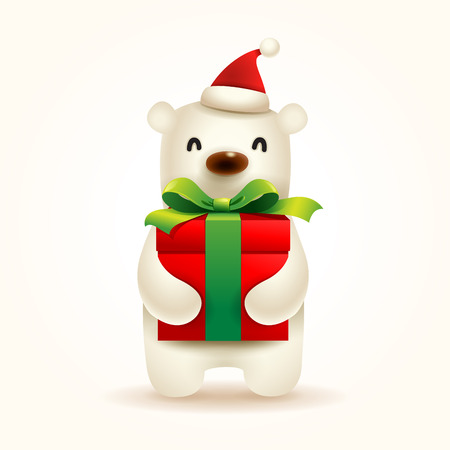 Christmas Cute Little Polar Bear with Santaâs Cap and Gift Present.のイラスト素材