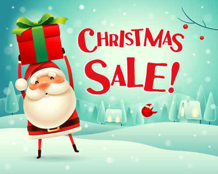 Christmas Sale! Santa Claus holds up gift present in Christmas snow scene winter landscape.のイラスト素材