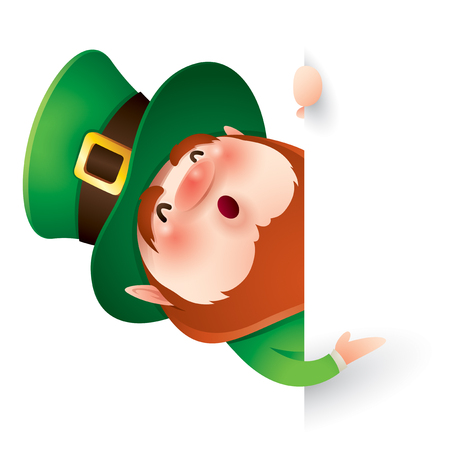 cartoon character of funny leprechaun in green cylinder hat peeking out from behind white wall, saint patrick day concept.のイラスト素材