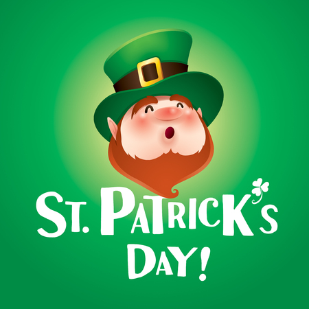 greeting card with cartoon character of funny leprechaun in green cylinder hat, saint patrick day conceptのイラスト素材