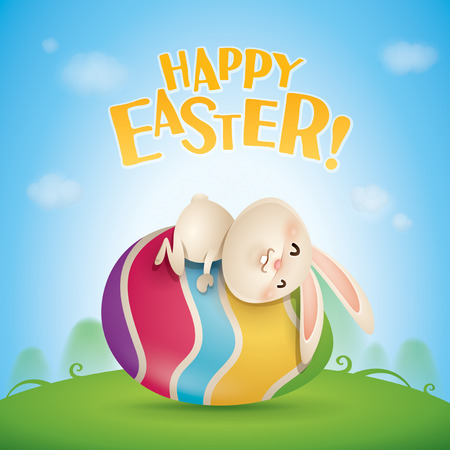 Happy Easter! Easter bunny and egg in field. Wide copy space for text.のイラスト素材