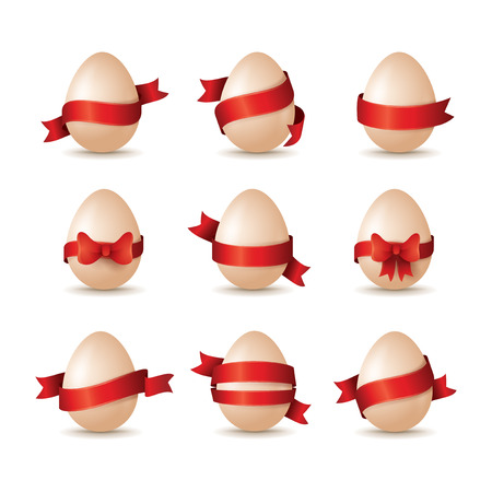 set of plain eggs with red ribbons isolated on white background, Happy Easter concept.のイラスト素材