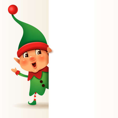 Little Elf with big blank signboard. Wide empty space for design.のイラスト素材