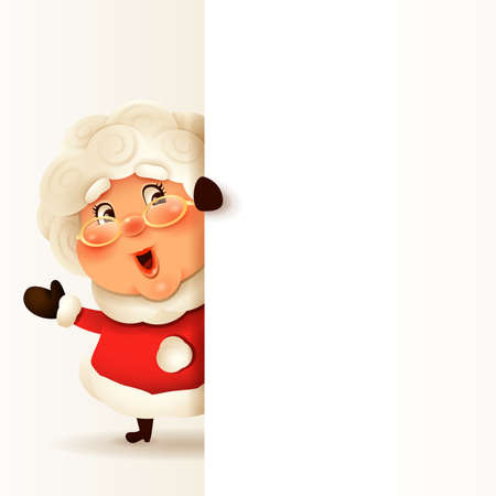 Mrs.Claus with big blank signboard. Wide empty space for design.のイラスト素材