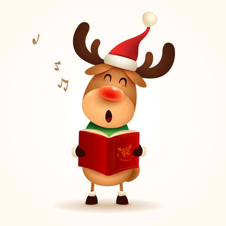 The Red-nosed Reindeer singing Christmas carol. Isolated.のイラスト素材