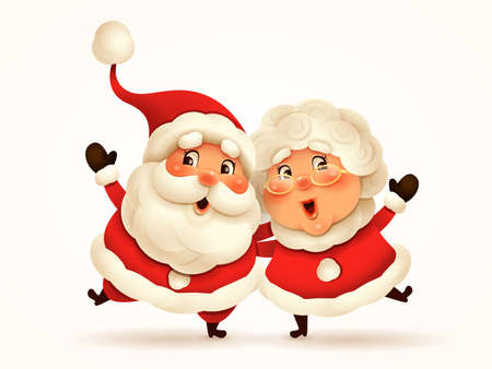 Santa Claus and his wife Mrs Claus arm over shoulder. Vector illustration of Christmas character on plain background. Isolated.のイラスト素材