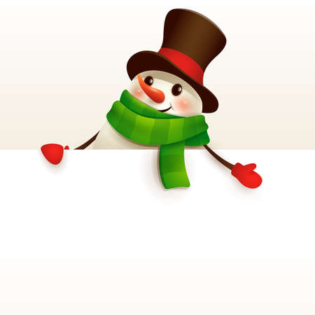 Cheerful Snowman with big blank signboard. Wide empty space for design.のイラスト素材