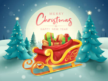 Merry Christmas. Santa sleigh with sack bag loaded with gift box presents on horizontal winter landscape background.のイラスト素材