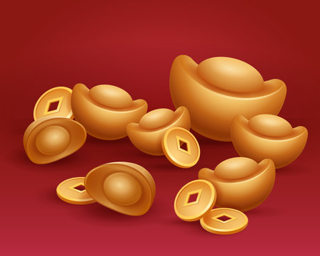 Chinese golden ingots and traditional money coin. Symbol of wealth and prosperity.のイラスト素材