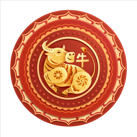 Oriental paper graphic craft art of golden Ox symbol on circle layers border isolated on white.のイラスト素材