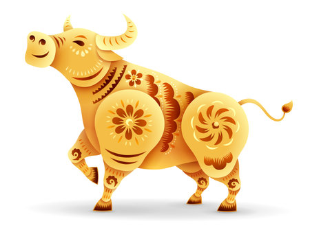Oriental paper graphic cut art of golden ox symbol with floral pattern on white background . Isolated.のイラスト素材