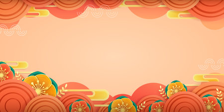 Chinese New Year festive background with paper graphic craft art of flowers and oriental elements.のイラスト素材