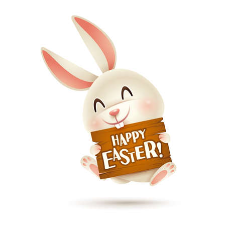 Easter bunny with Happy Easter signboard on hand. Isolated.のイラスト素材