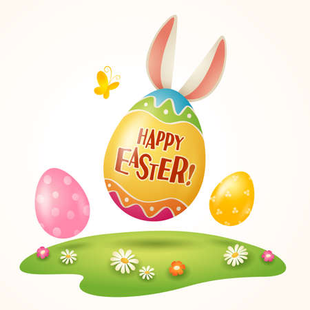 Happy Easter! Easter egg bunny on grass. Isolated.のイラスト素材