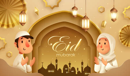 Eid Mubarak golden Islamic festival background with Muslim prayer at Mosque window and islamic decorations.のイラスト素材
