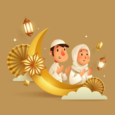 3D illustration of lslamic festival background with Muslim prayer,  crescent moon and islamic decorations.のイラスト素材