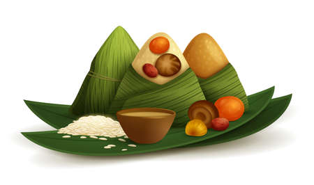 Dragon Boat Festival rice dumpling and ingredient recipe. Isolated.のイラスト素材