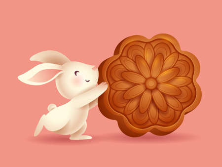Mid Autumn Festival. Cute rabbit carrying a mooncake.のイラスト素材