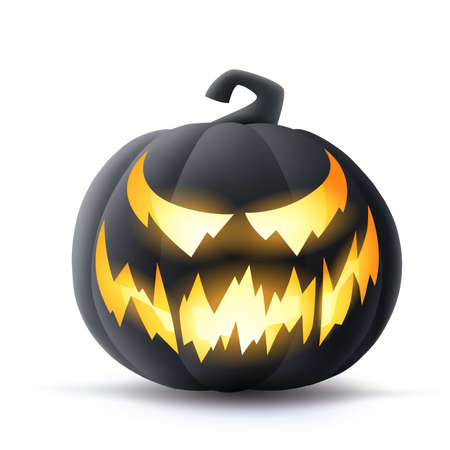 Jack O Lantern. 3D illustration of Halloween black dark pumpkin with glowing funny face expression. Isolated.のイラスト素材