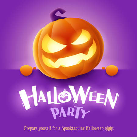 Halloween Party. 3D illustration of cute glowing Jack O Lantern orange pumpkin character with big greeting signboard on purple background.のイラスト素材