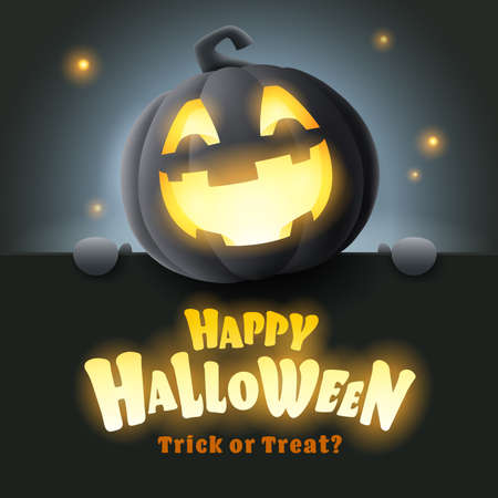 Happy Halloween. 3D illustration of cute glowing Jack O Lantern black pumpkin character with big greeting signboard on black background.のイラスト素材
