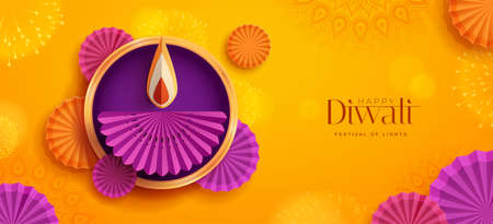 Happy Diwali. Paper graphic of Indian Diya oil lamp design with round border frame on Indian festive theme big banner background. The Festival of Lights.のイラスト素材