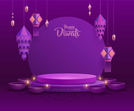 3D illustration of podium stage scene with Indian Diwali Diya oil lamp and paper graphic Indian lantern on round blank card. The Festival of Lights.のイラスト素材