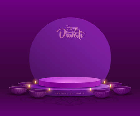 3D illustration of podium stage scene with Indian Diwali Diya oil lamp and round blank card. The Festival of Lights.のイラスト素材