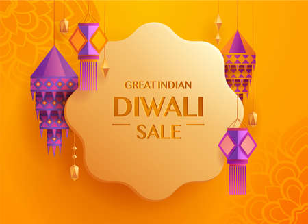 Great Indian Diwali Sale. Flower shaped gift tag with group of paper graphic Indian lantern. The Festival of Lights.のイラスト素材