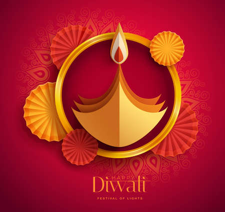 Happy Diwali. Paper graphic of Indian Diya oil lamp design with round border frame. The Festival of Lights.のイラスト素材