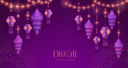 Happy Diwali. Group of paper graphic Indian lantern on Indian festive theme big banner background. The Festival of Lights.のイラスト素材