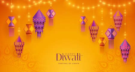 Happy Diwali. Group of paper graphic Indian lantern on Indian festive theme big banner background. The Festival of Lights.のイラスト素材