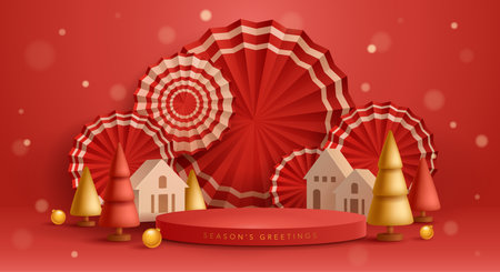 3D illustration of Christmas red and golden theme product display background with paper fan, Christmas festive decoration and podium.のイラスト素材