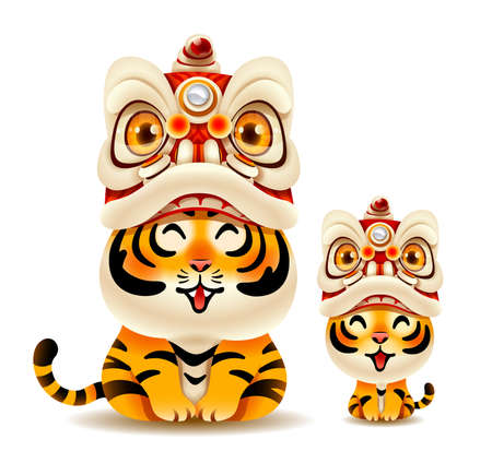 Cute tiger with Chinese New Year Lion Dance Head. Isolated.