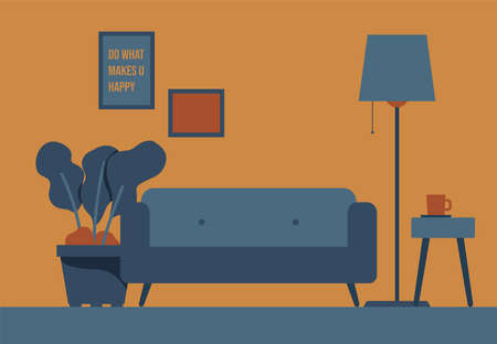 Flat style vector design of cozy furniture and little items you find at home with indigo and orange color paletteのイラスト素材