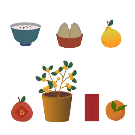 Lunar new year. Happy New Year. Items in traditional celebration. Asian food culture.のイラスト素材