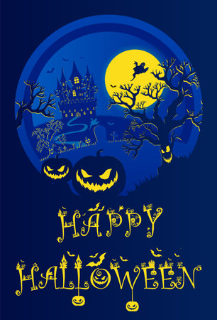 Halloween night background, pumpkins and dark castle.Halloween dark blue poster.のイラスト素材